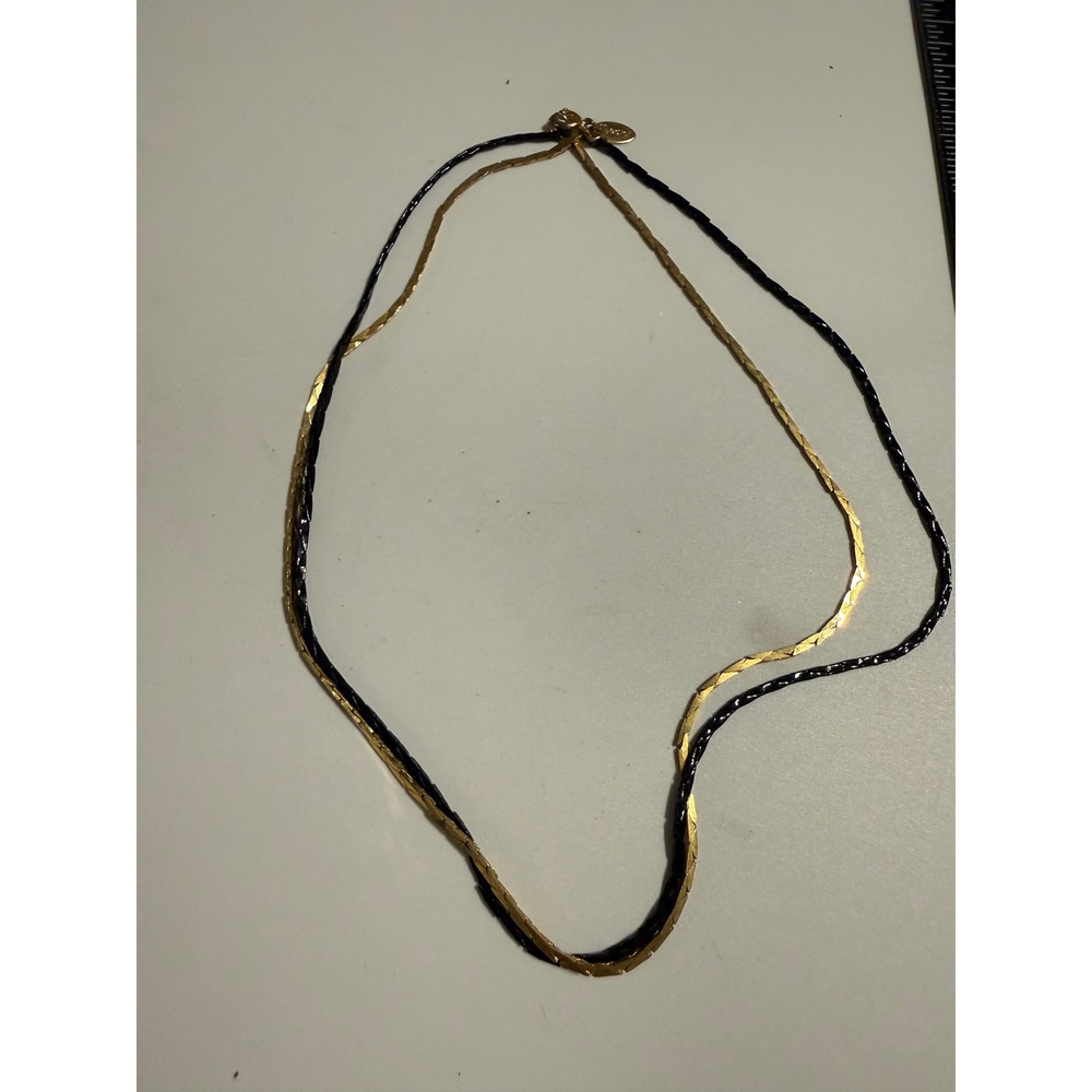 Medici‎ Vintage Double Strand Necklace Gold Tone Herringbone Black Cord 16 Inch